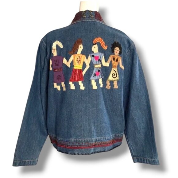 Chico’s Bomber Jacket Friends Beaded Embroidered Appliques Denim Blue Small - Picture 1 of 16
